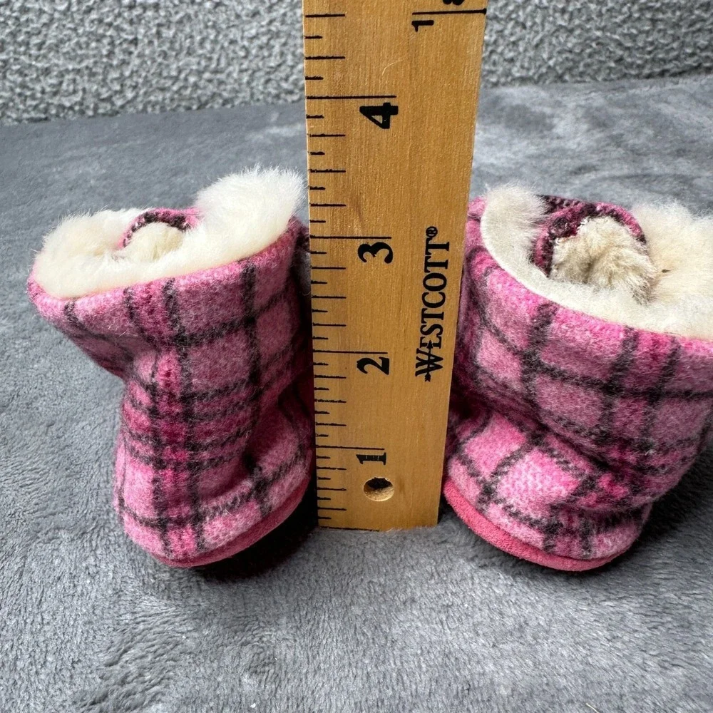 Minnetonka Slipper Boots Toddler Girls Sz 3 Pink Plaid Faux Fur Wool Lined Cozy